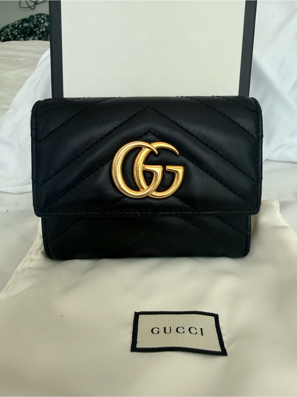 Gucci Black Quilted Leather GG Marmont Wallet with Gold Logo